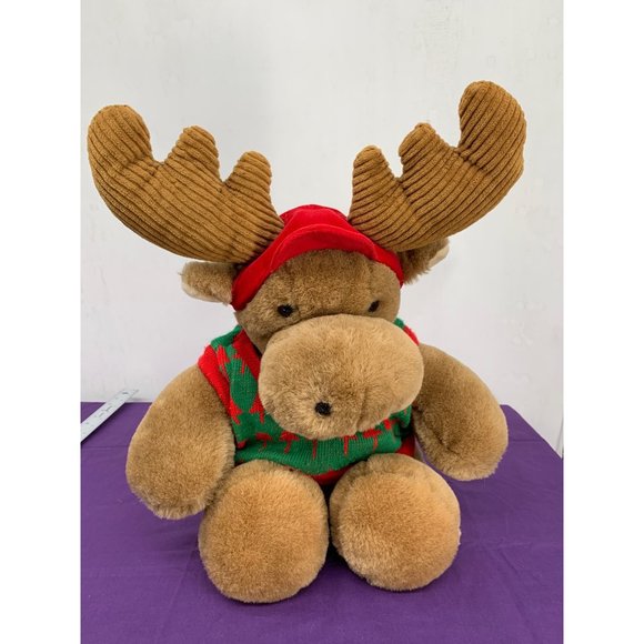 Commonwealth Holiday Moose, 1991 Christmas Tree Decorated Sweater Red Cap Cordur - Picture 1 of 14